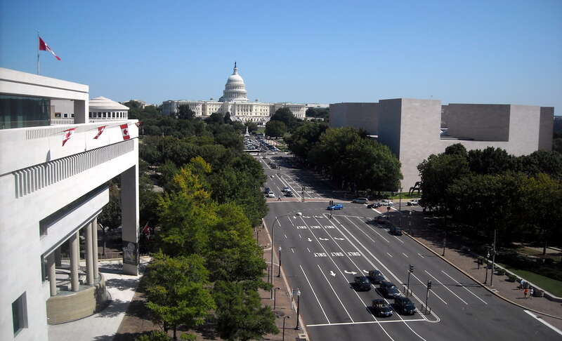 The Embassy of Canada, the United States Capitol, the East Building of the National Gallery of Art, and Pennsylvania Avenue, as viewed from the Newseum's Hank Greenspun Terrace, in Washington, D.C.