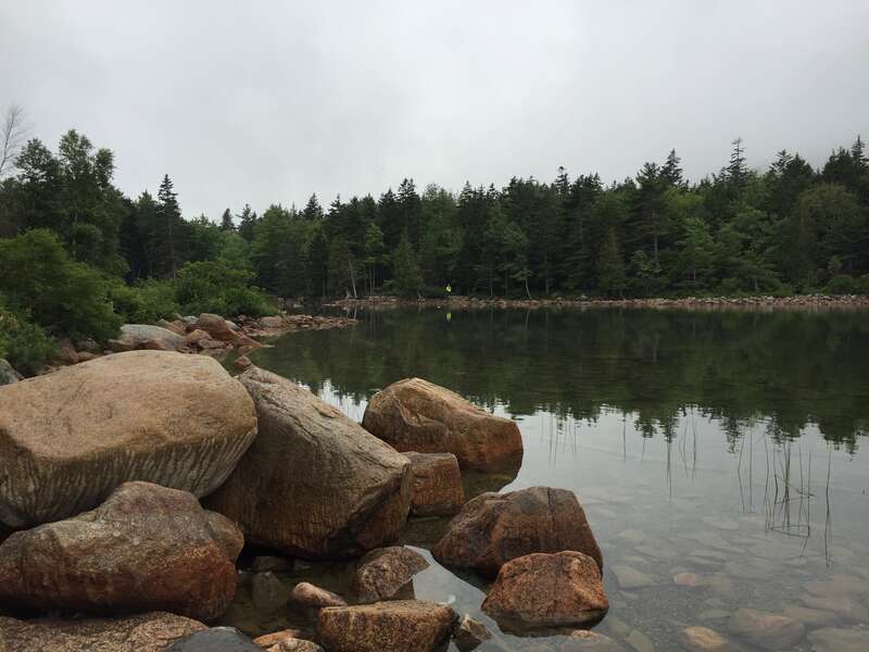 View southwest across Jordan Pond from the boat ramp within Acadia National Park, in Mount Desert, Hancock County, Maine