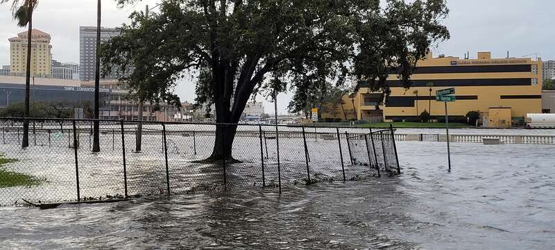 Storm surge from Hurricane Idalia along Bayshore Boulevard in Tampa. Tampa General Hospital (right) and the Tampa Convention Center are in the background across the Hillsborough River.