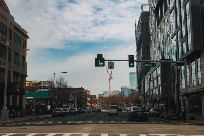 Boylston Street eastbound at Jersey Street in the Fenway–Kenmore neighborhood in February 2022