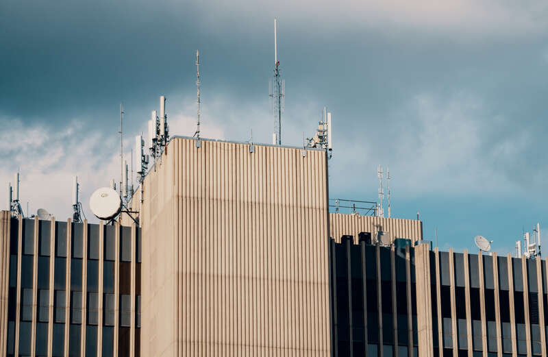 Antennas on the roof of a building at 800 SW Jackson Street (8th &amp;amp; Jackson) in Topeka, Kansas. The building is home to some State of Kansas agencies, including the State Fire Marshal.