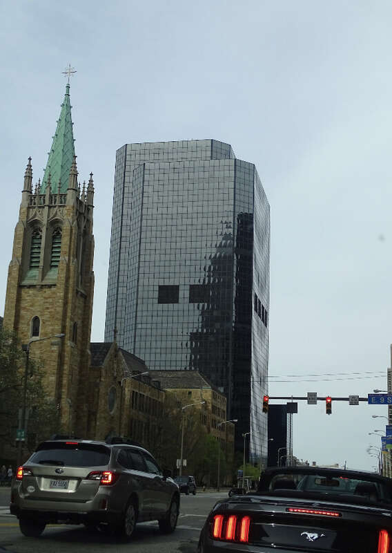 The Cathedral of St. John (front left) and Eaton Corp Center (center back) along Superior Avenue in Cleveland, looking eastward from East 9th and Superior.