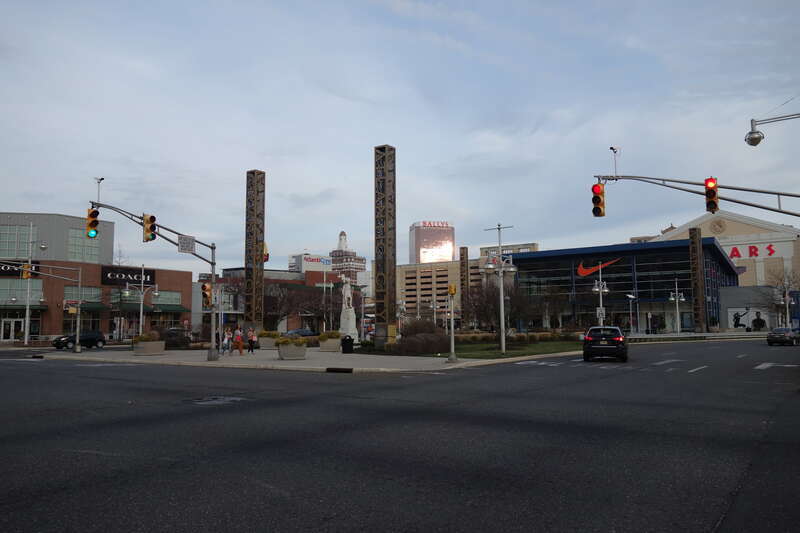 Looking at the north end of Columbus Plaza within the Tanger Outlets The Walk complex, at Arctic Avenue and Christopher Columbus Boulevard / Arkansas Avenue in Atlantic City, New Jersey. The plaza is a long existing park in the city, and was later