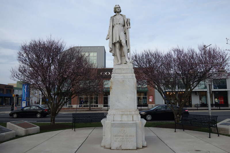 The statue of Christopher Columbus inside Columbus Plaza within the Tanger Outlets The Walk complex, at Arctic Avenue and Christopher Columbus Boulevard / Arkansas Avenue in Atlantic City, New Jersey. The statue was originally located in this park,