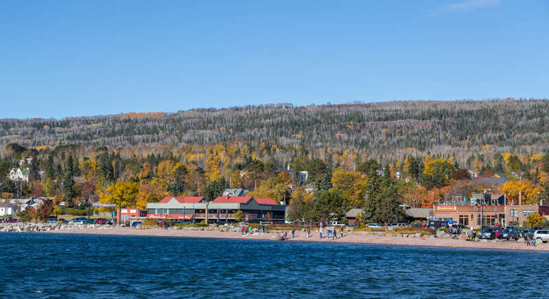 Lake Superior harbor and beach on brisk but sunny Friday in Grand Marais, Minnesota.
