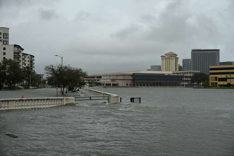 Storm surge along Bayshore Boulevard near Tampa General Hospital during the passing of Hurricane Idalia on August 30, 2023