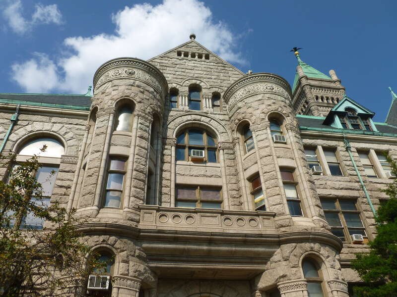 Lowell City Hall, located at 375 Merrimack Street Lowell, Massachusetts.  Close view of south side of building shown.