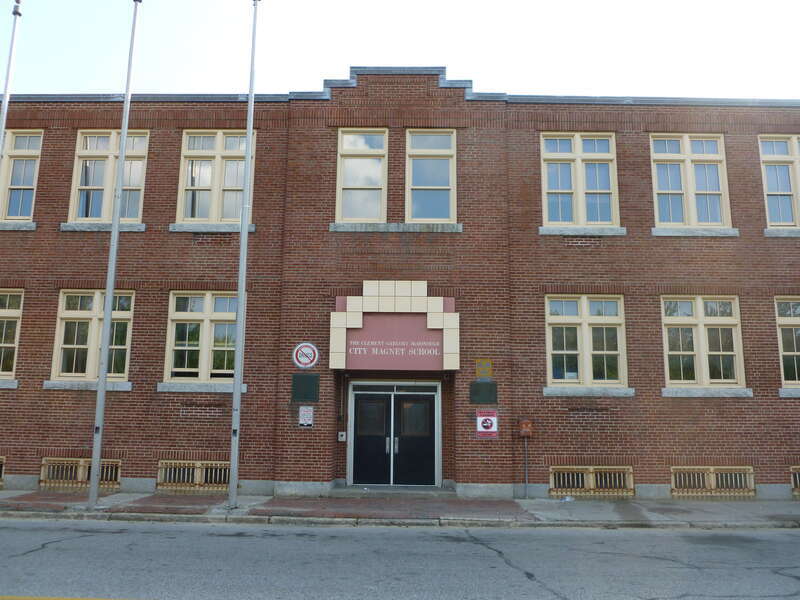 The entrance to the Clement Gregory McDonough City Magnet School, located at 40 Pagie Street, Lowell, Massachusetts.  Entrance along French Street shown.