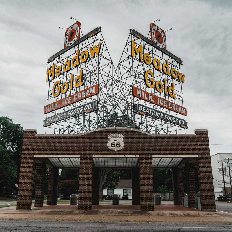 Restored Meadow Gold neon sign off Route 66 (11th Street) near downtown Tulsa.