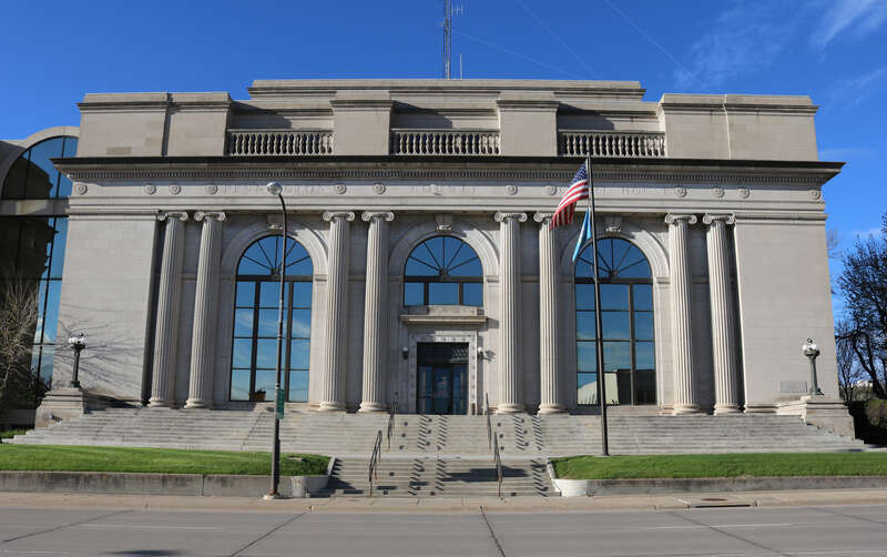 The Pennington County Courthouse, located at 301 St. Joseph Street in Rapid City, South Dakota. The property is listed on the National Register of Historic Places.
