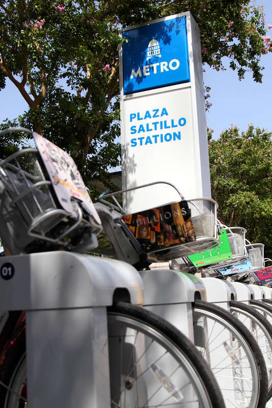 Rental bicycles in their stands at Plaza Saltillo in Austin, Texas, United States.