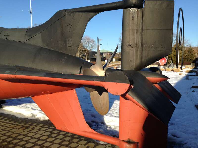 The stern section of the SS X-1 Midget Submarine Historic Ship Nautilus &amp;amp; Submarine Force Museum