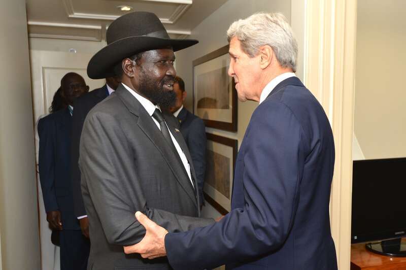 U.S. Secretary of State John Kerry greets South Sudanese President Salva Kiir before their bilateral meeting on the sidelines of the U.S.-Africa Business Forum in Washington, D.C., on August 5, 2014. Leaders from across the African continent are in