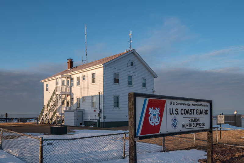 The U.S. Coast Guard Station North Superior on Lake Superior in the harbor of Grand Marais, Minnesota.