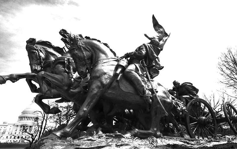 500px provided description: Ulysses Grant's cavalry riding into Capital Hill. I blew out the sky in the hope the statue would look more dramatic. [#nobody ,#Statue ,#Cavalry ,#Washington DC ,#Capital Hill ,#B&amp;amp;W]