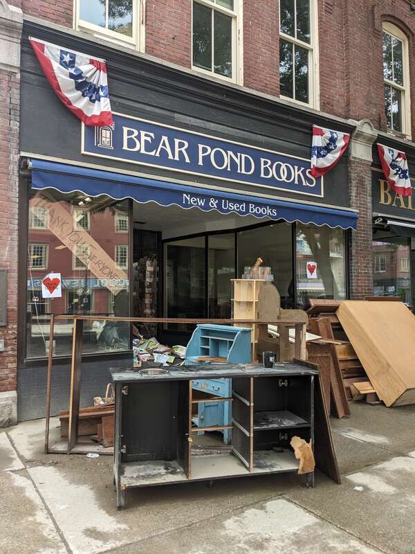 Flood debris at Bear Pond Books, 77 Main Street, in downtown Montpelier, Vermont.