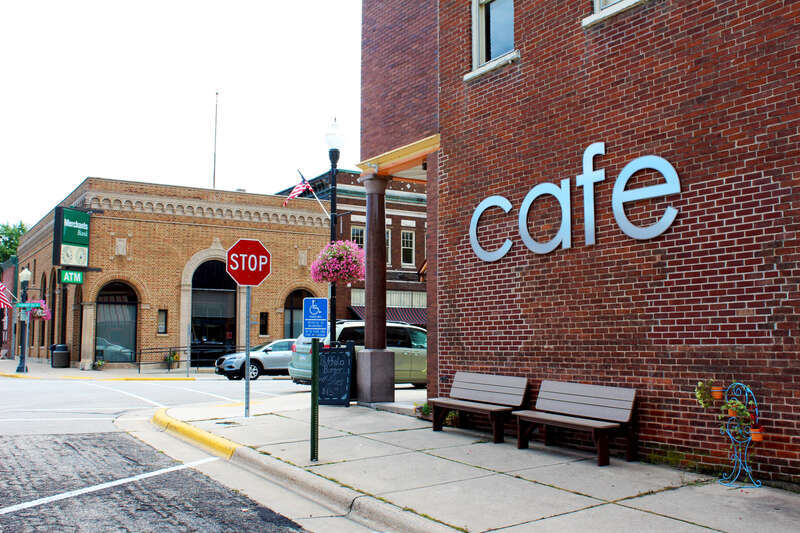 Corner of Coffee and Parkway with views of the bank and cafe in downtown Lanesboro, MN