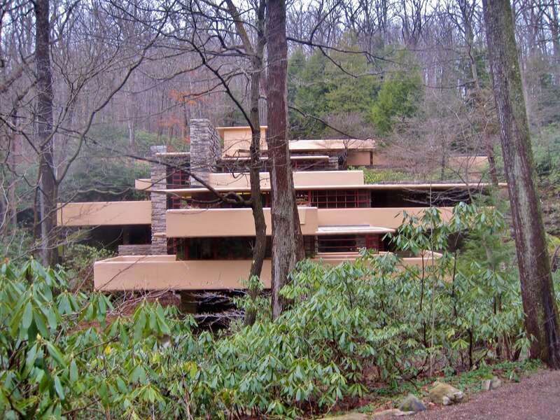 Fallingwater near Ohiopyle, PA, a national landmark (1937). It was designed for Edgar Kaufmann, Sr., who was president of Kaufmann's Department Store in Pittsburgh. His son, Edgar, Jr., was an aspiring architect and fan of Wright's work. Through