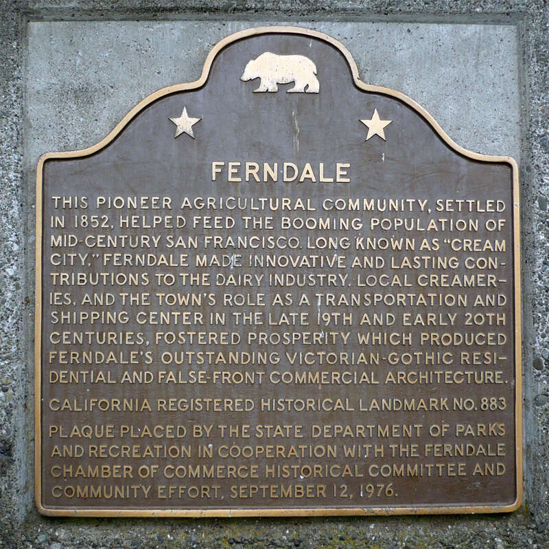 California Registered State Landmark Number 883, Town Hall Park, Ferndale, CA.  The plaque is mounted in concrete and protected by a decorative gazebo.