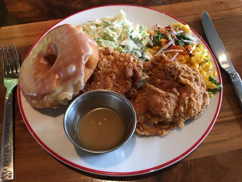 Fried Chicken and Donut, served with gravy, coleslaw and street corn