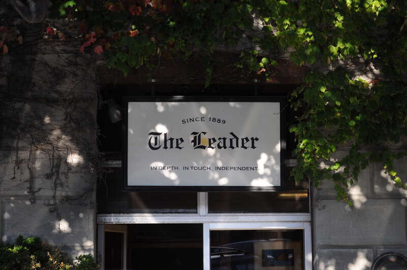 Sign above entrance of the Leader Building (originally the Fowler Building), 226 Adams Street, Port Townsend, Washington, USA. Home of the newspaper The Leader.
