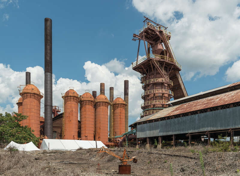 A west view of Sloss Furnaces, the cowper stoves and the blast furnace