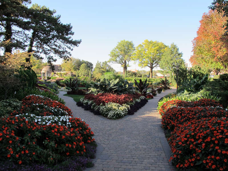 Photo of the Sunken Gardens.  Photo taken off of S. 27th &amp;amp; &quot;C&quot; Streets; from near the southeast entrance of the garden, in Lincoln, Nebraska.  Photo looking north-northwest.  The Rotary Pavilion can be seen near center-left and the southeast pool