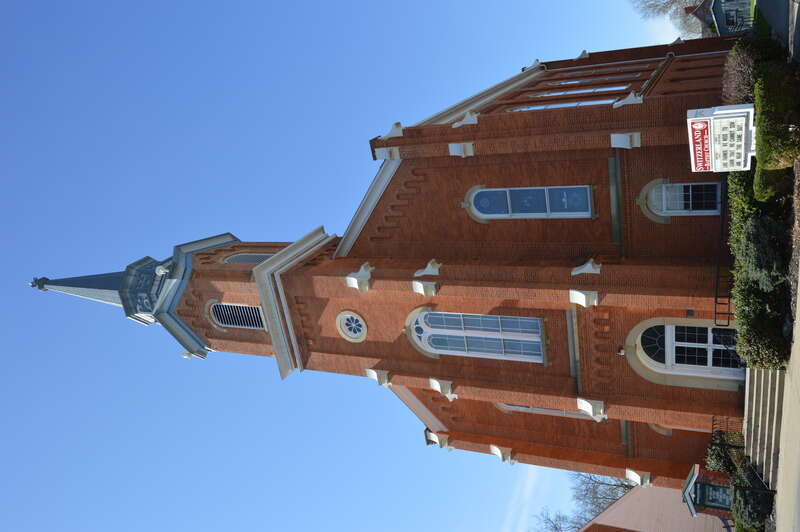 Front and northern side of the Switzerland Baptist Church, located at 307 Main Cross Street in Vevay, Indiana, United States.  It was built in 1859.