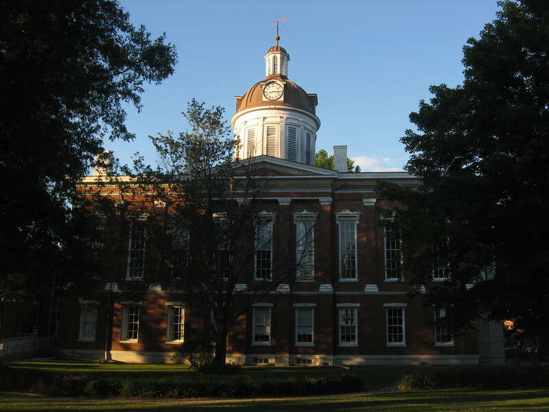 Western side of the Switzerland County Courthouse, located on Courthouse Square in Vevay, Indiana, United States.  Built in 1864, it is listed on the National Register of Historic Places, and it is part of the locally-designated Vevay Historic