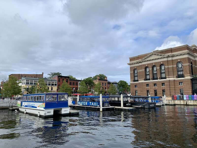 Water taxis and the Sagamore Pendry Baltimore in Fell's Point, Baltimore, Maryland.