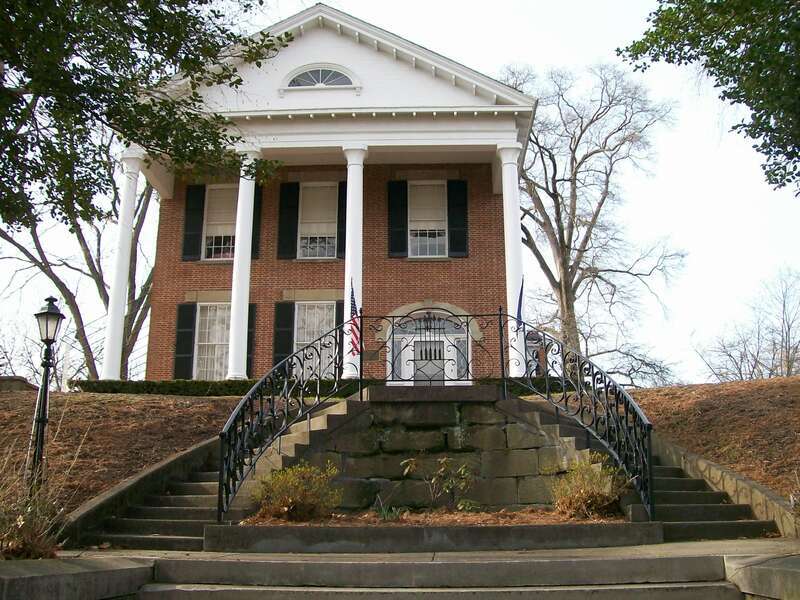 The Wilcox-Mills House in Marietta, Ohio. The house is currently used as a residence for the president of Marietta College. The southeastern facade on Putnam Street is photographed and looks onto the campus of Marietta College. The house is listed on