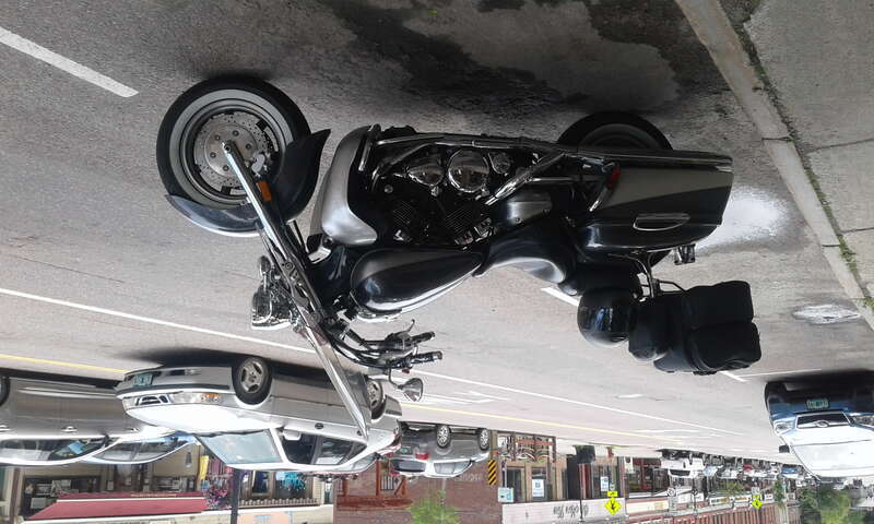 Yamaha Star touring motorcycle on Main Street in Montpelier, Vermont.