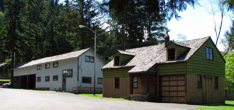 Interpretive Services Office and Maintenance Building (#2216, built in 1931) and Recreation and Trail Crew Warehouse (#2214, also built in 1931) at the historic Zigzag Ranger Station (built 1917), located at 70220 East Highway 26 in Zigzag, Oregon,