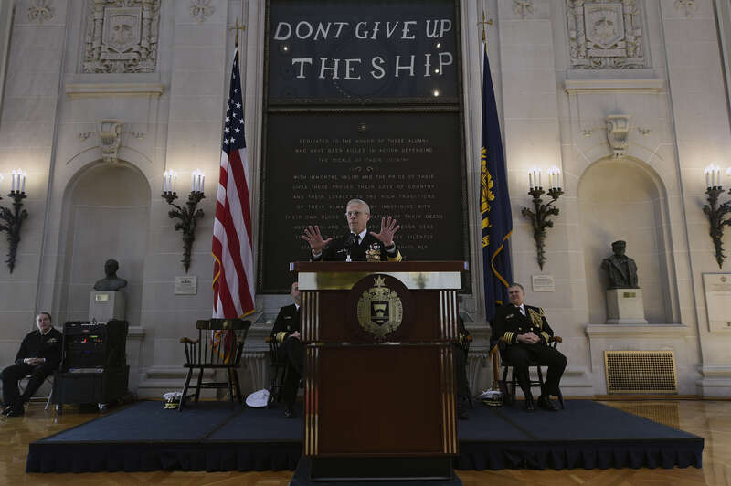 Rear Adm. Matthew Klunder offers remarks during his retirement ceremony held in Memorial Hall at the United States Naval Academy. Klunder was relieved as the Chief of Naval Research by Rear Adm. Mathias Winter during a change of command ceremony the
