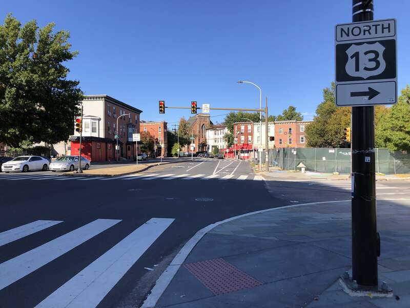 View north along U.S. Route 13 (North 38th Street) just south of Powelton Avenue in Philadelphia, Pennsylvania