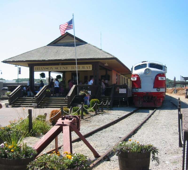 The Branson Scenic Railway boarding passengers in downtown Branson.