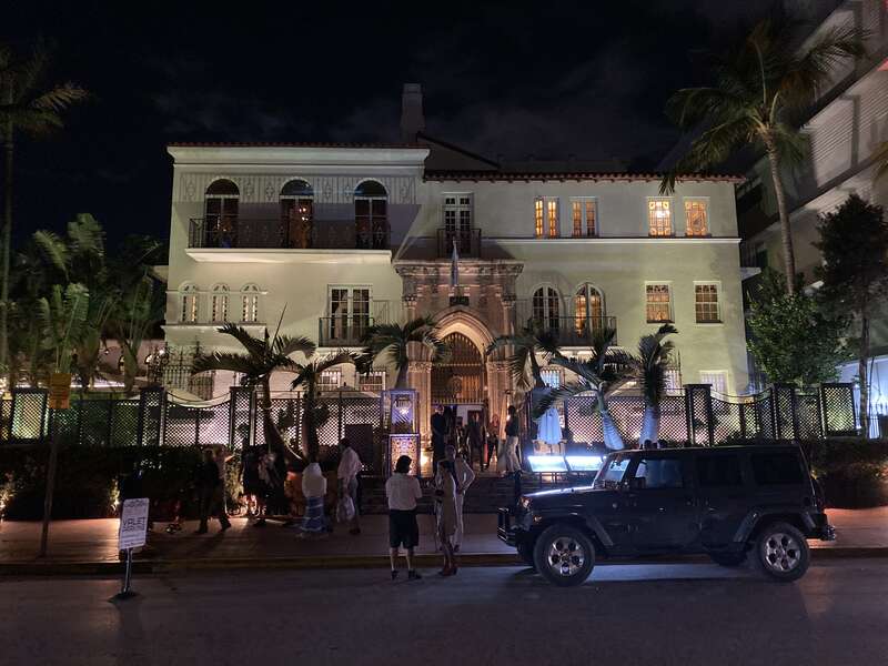 Front of the Casa Casuarina at night. Also known as the Versace Mansion. As of 2019, it is a hotel and restaurant. Located at 1116 Ocean Drive, Miami Beach, Florida.