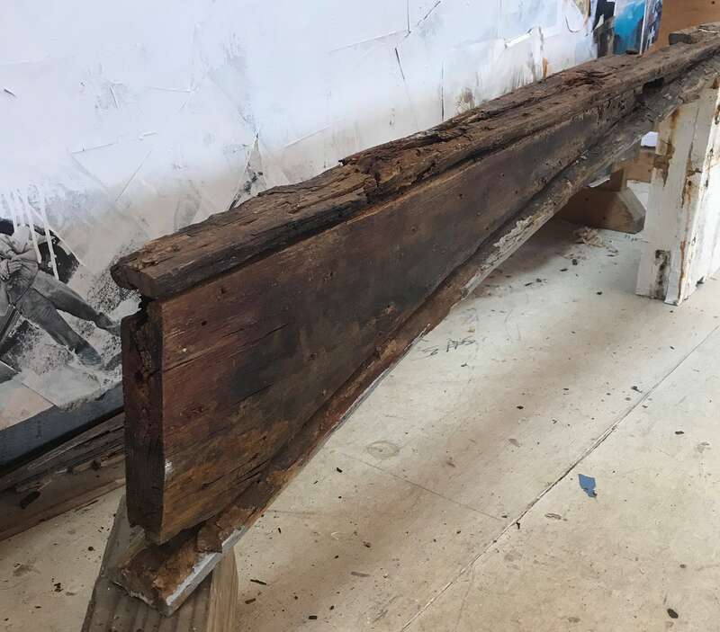 Horizontally kerfed sprung keel and incorporated deadwood in the unidentified Woods Hole spritsail boat.