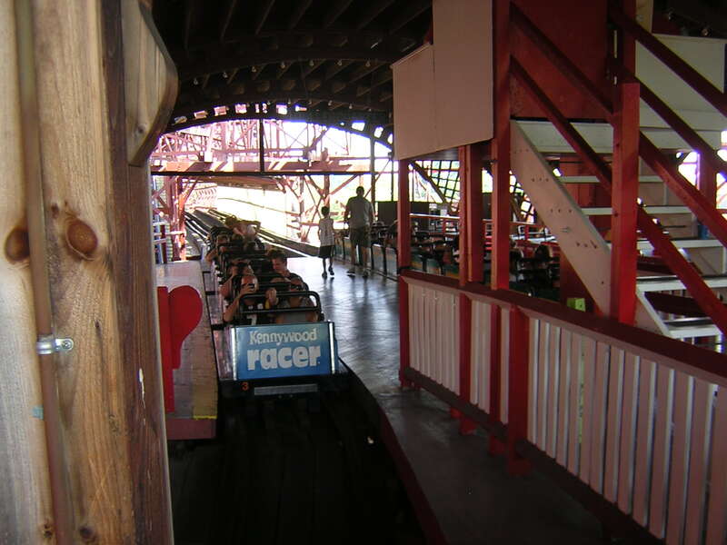 A scene from Kennywood, an amusement park located in West Mifflin, Pennsylvania on the Monongahela River.
This is a view of the Racer, a wooden roller coaster. It is a racing,  moebius loop coaster; one of only three in the world. The current Racer