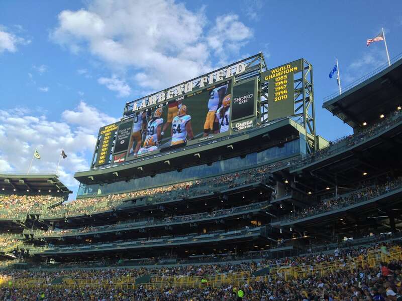 A view of the 2013 Lambeau Field seating expansion in the south end zone and one of the new HD video boards