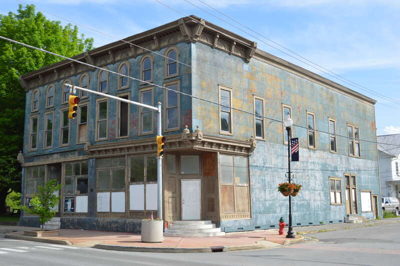 Front and southeastern side of the Marlinton IOOF Lodge Building, located on Eighth Street (West Virginia Route 39) at Second Avenue in Marlinton, West Virginia, United States.  Built in 1905, it is listed on the National Register of Historic Places.
