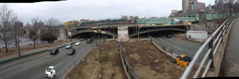 Demolition of Spans 1 and 2 of the Longfellow Bridge over Storrow Drive and the Esplanade occurs at night to maintain daytime traffic.
