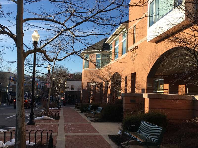 Public library entrance along South Allen Street in State College, Pennsylvania, in winter