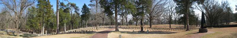View of the Shiloh National Military Cemetery in Tennessee.  This panoramic image is a composite of 6 digital photograhs.  It encompasses approximately 100 degrees horizontally.