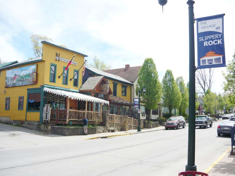 Business district of Slippery Rock, Butler County, Pennsylvania. Looking southward on South Main Street.