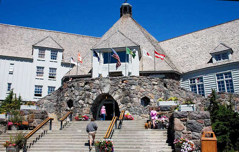 The main entrance of Timberline Lodge, on Mount Hood, Oregon, United States, in summer.