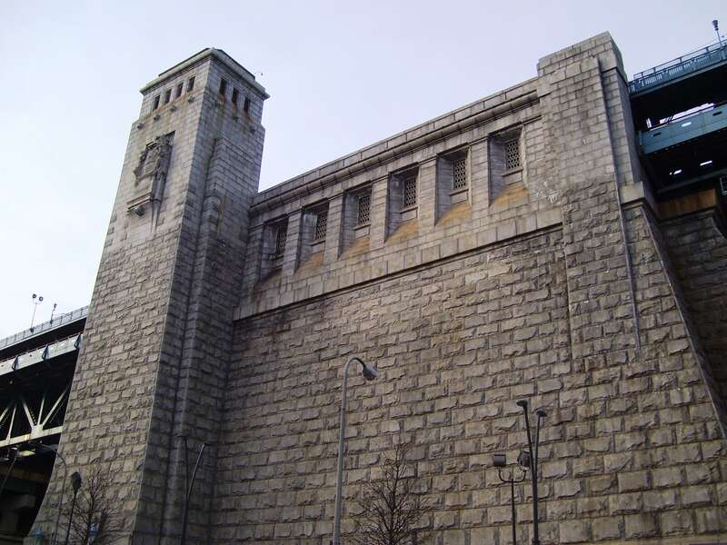 The west anchorage of the Benjamin Franklin Bridge as seen from the Race Street off of North Christopher Columbus Blvd. in Philadelphia, Pennsylvania