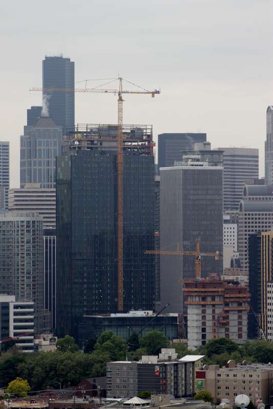Construction of the Amazon headquarters complex in Seattle, Washington, seen from Bhy Kracke Park.