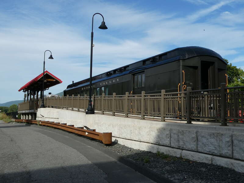 Combine coach #1444, built in 1927 for the Baltimore and Ohio Railroad, at Adams station in September 2022. At that time, the car was in use as the ticket office and gift shop for Berkshire Scenic tourist train operations.