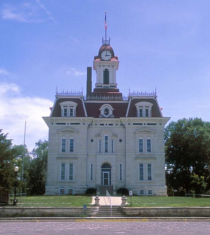 Front of the Chase County Courthouse in Cottonwood Falls, Kansas, United States.  Built in 1873, it is listed on the National Register of Historic Places.